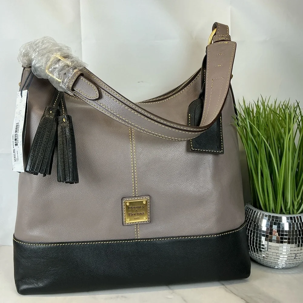 Dooney & Bourke Sophie Hobo Mushroom Taupe Black Leather Bag Tassels NWT‎